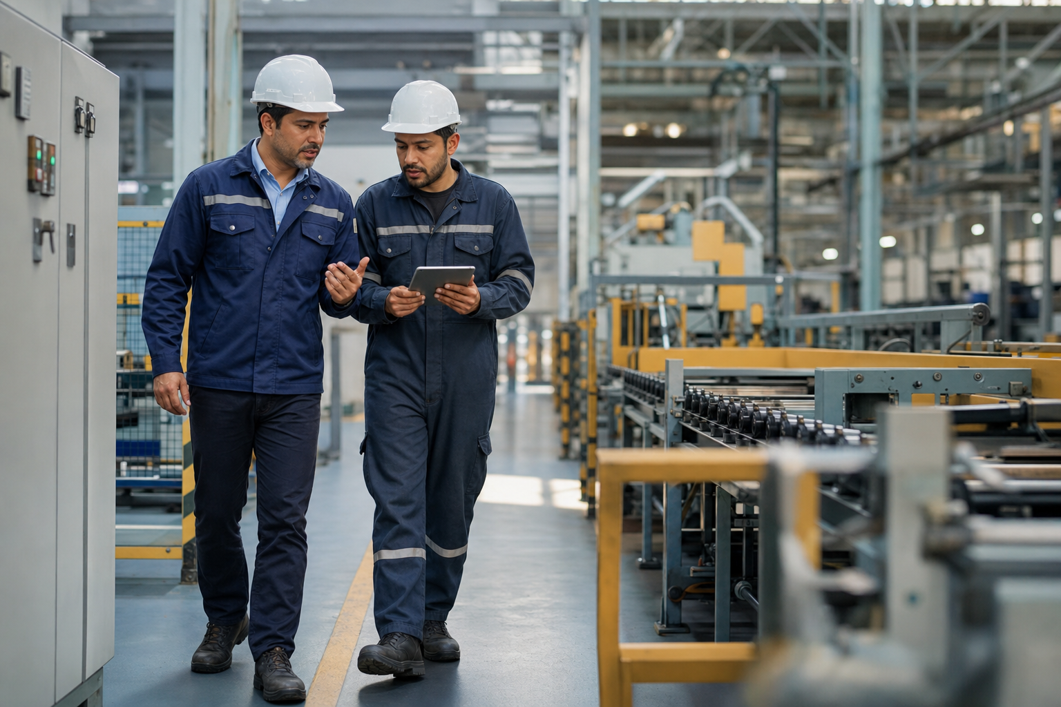 Profesionales industriales con cascos y overoles de trabajo en una planta productiva